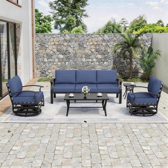 ALAULM Aluminum Patio Furniture Set 5-Seat Modern Outdoor Conversation Sets w/Swivel Rocking Chairs with Rectangular Coffee Table, Navy Blue