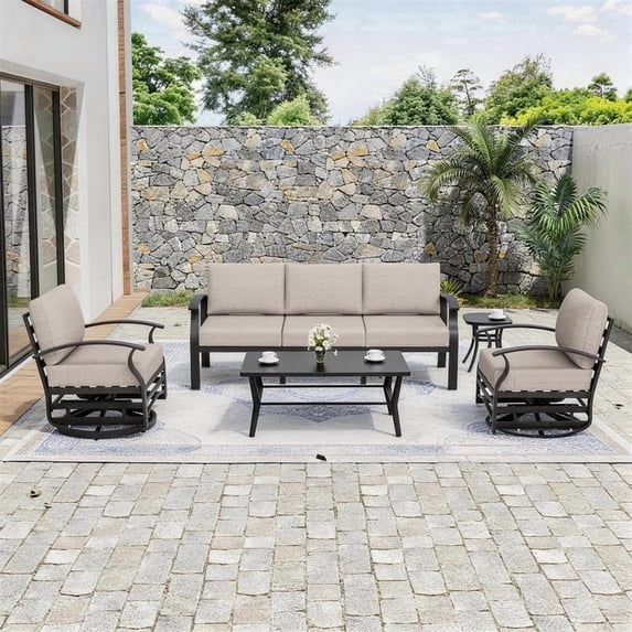 ALAULM Aluminum Patio Furniture Set 5-Seat Modern Outdoor Conversation Sets w/Swivel Rocking Chairs with Rectangular Coffee Table, Sand