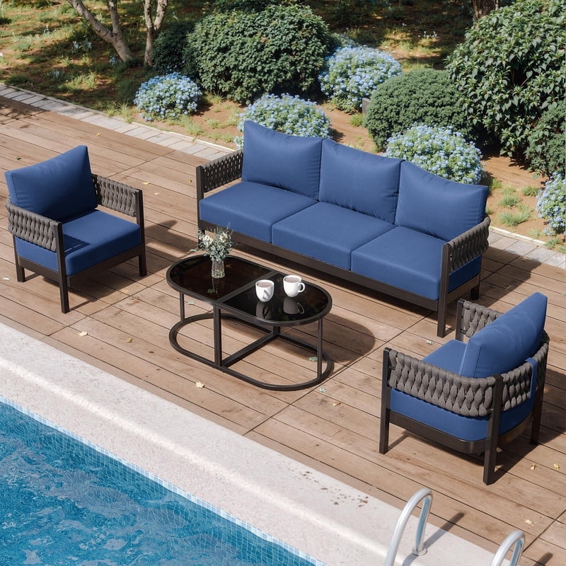 ALAULM Aluminum Patio Furniture Set 8 Pieces,Metal Outdoor Furniture with Modular Coffee Table,HDPE Rope Sectional Conversation Set w/5.9" Thick Cushions for Deck,Porch,Backyard