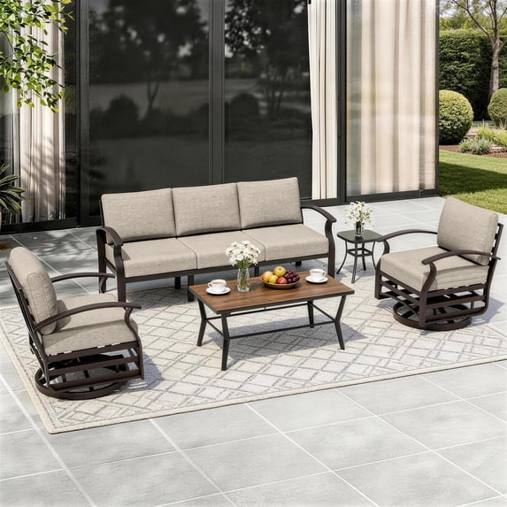 ALAULM Aluminum Patio Furniture Set with Coffee Table Rectangular, 5-seat Outdoor Sectional Furniture w/2 Swivel Chairs, Patio Conversation Set for Porch, Backyard, Poolside-Sand