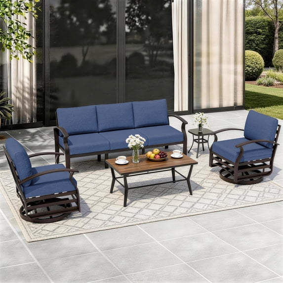ALAULM Aluminum Patio Furniture Set with Coffee Table Rectangular, 5-seat Outdoor Sectional Furniture w/2 Swivel Chairs, Patio Conversation Set for Porch, Backyard, Poolside-Navy Blue