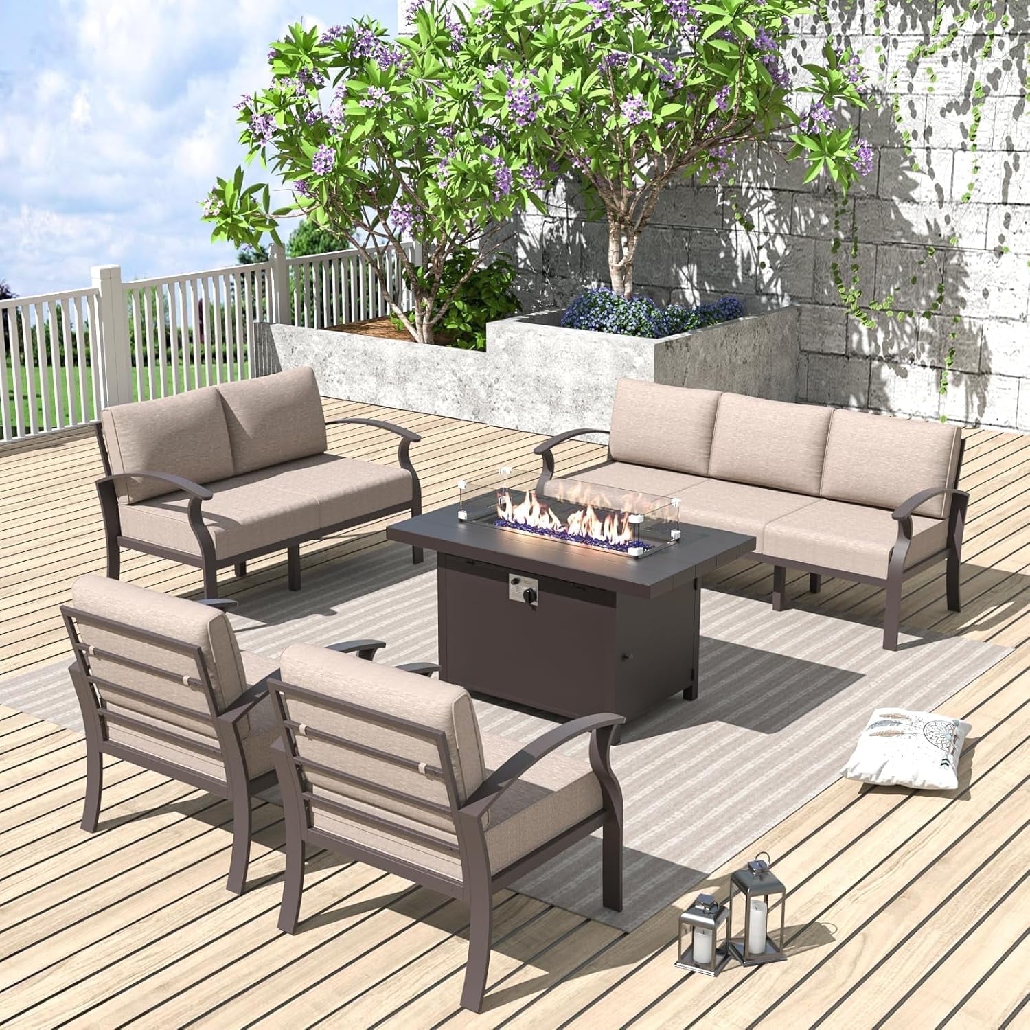 ALAULM Aluminum Patio Furniture Set with Propane Fire Pit Table 7-seat Metal Outdoor Furniture w/Fire Pit Patio Conversation Set w/5.1" Cushions for Patio, Backyard, Poolside-Sand