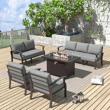 ALAULM Aluminum Patio Furniture Set with Propane Fire Pit Table 7-seat Metal Outdoor Furniture w/Fire Pit Patio Conversation Set w/5.1" Cushions for Patio, Backyard, Poolside-Grey