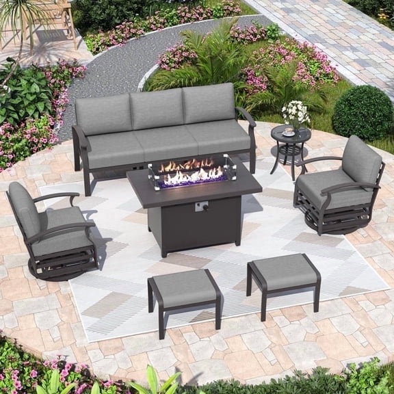 ALAULM 7-Seat Metal Patio Furniture Set with Propane Fire Pit Table, Swivel Chairs, and Ottomans, Grey