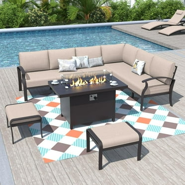 ALAULM Aluminum Patio Furniture Set with Propane Fire Pit Table 8-seat Metal Outdoor Furniture w/Fire Pit Patio Sectional w/1 Corner Sofa & 2 Ottomans for Patio, Backyard, Poolside-Sand