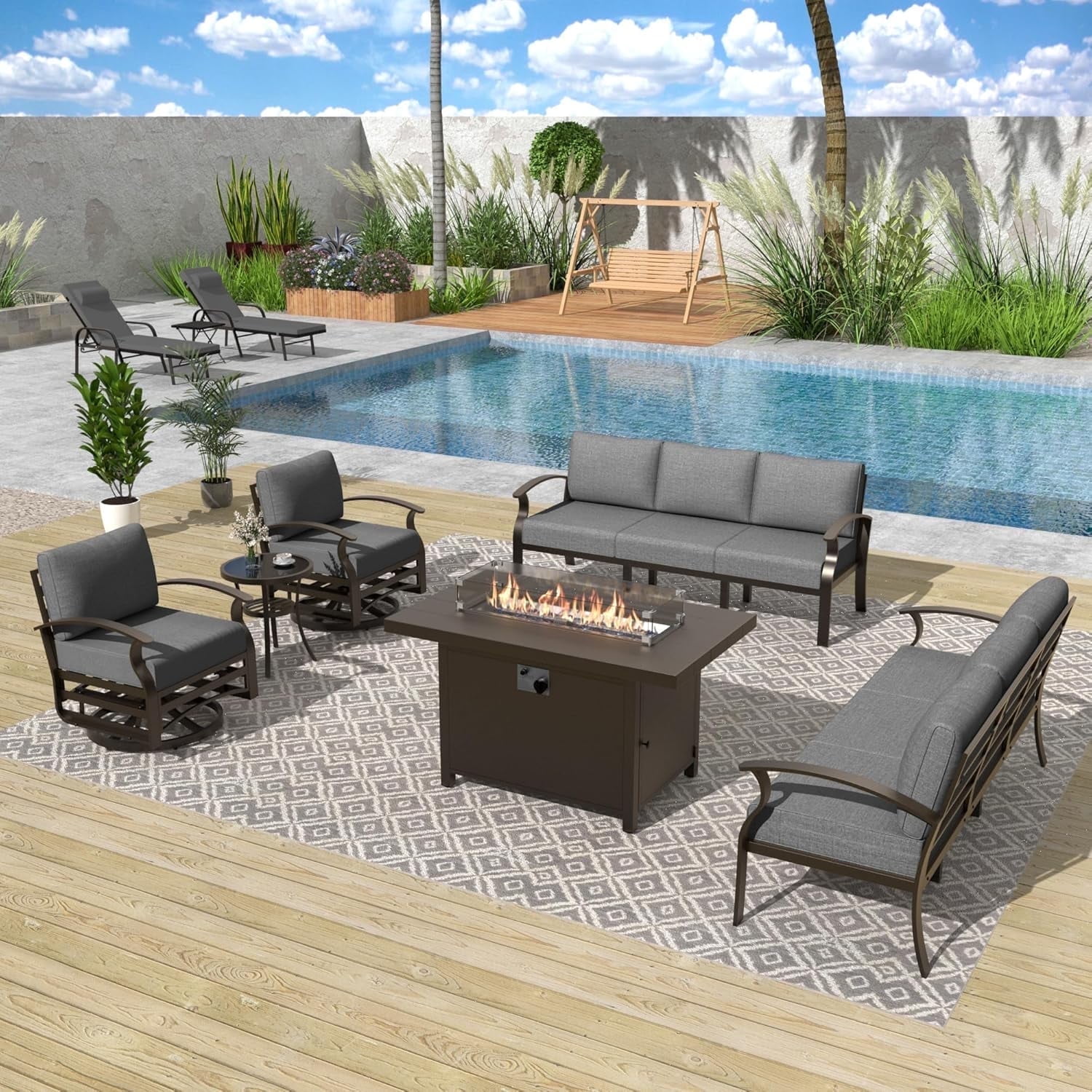 ALAULM Aluminum Patio Furniture Set with Propane Fire Pit Table