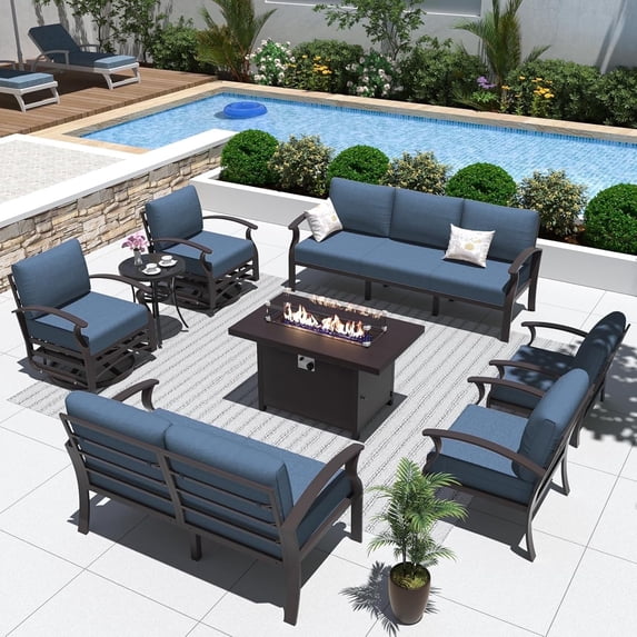 ALAULM Aluminum Patio Furniture Set with Propane Fire Pit Table 9-seat Metal Outdoor Furniture w/Fire Pit Patio Sectional w/5.1" Cushions for Patio, Backyard, Poolside-Navy Blue