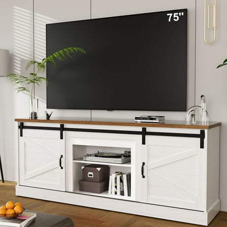ALAULM Farmhouse 75" TV Stand, Entertainment Center with Sliding Barn Doors and Storage Cabinets, Suitable for Living Rooms, White