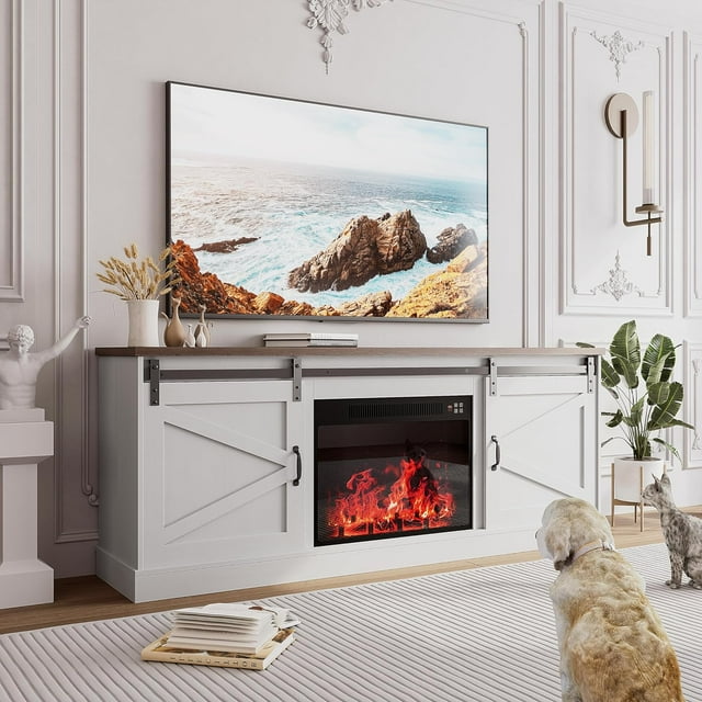 Free Shipping! ALAULM Fireplace TV Stand for 65 Inch TV, Farmhouse Media Entertainment Center ...