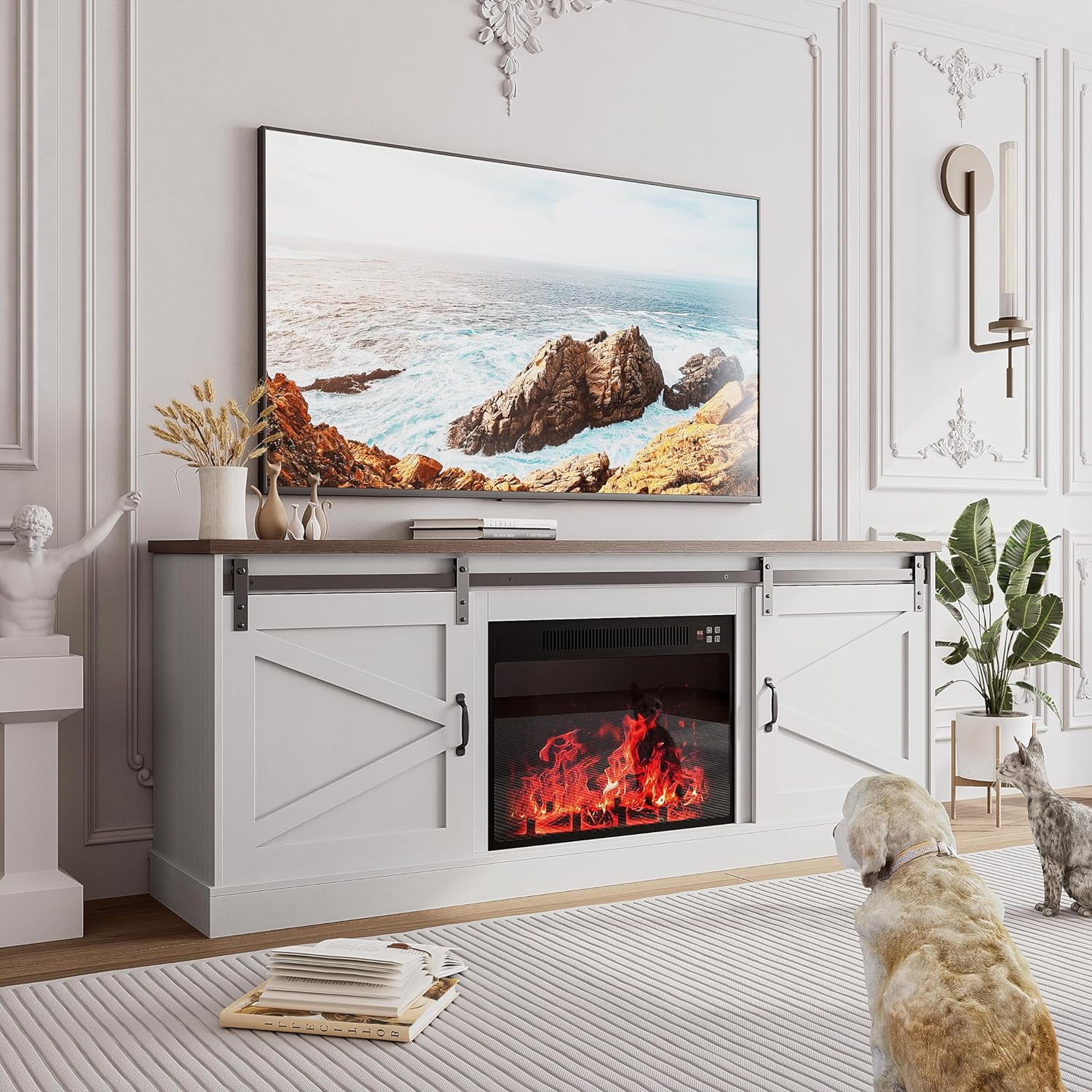 Free Shipping! ALAULM Fireplace TV Stand for 65 Inch TV, Farmhouse ...