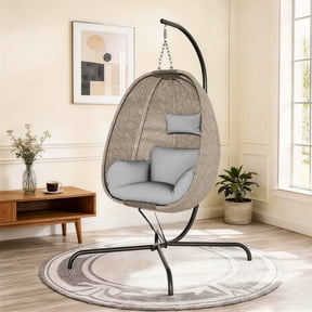 ALAULM Foldable Egg Chair with Stand, 485LBS Capacity Textilene Hammock Swing Chair for Outdoor & Indoor, Hanging Chair with Strong Frame & UV Resistant Cushion for Balcony, Bedroom, Light Gray/D1