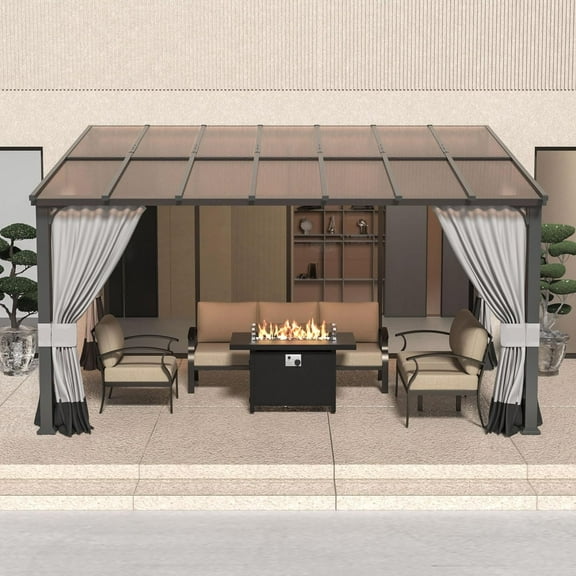 ALAULM 10' x 14' Gazebo,Hard Top Lean to Gazebo Wall Mount Heavy Hardtop Gazebo Outdoor Pergola with Curtains and Netting for Patio Garden Lawn Backyard Deck (Gray)