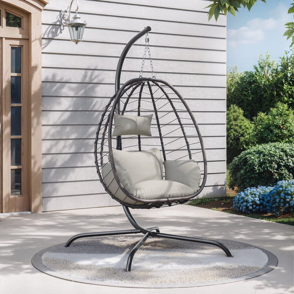 ALAULM Hanging Egg Chair with Stand, Indoor Outdoor Wicker Rattan Egg Swing Chair with Cushion Headrest, Hammock Chair 350lbs Capacity for Bedroom Patio Porch Garden Balcony(Cream)