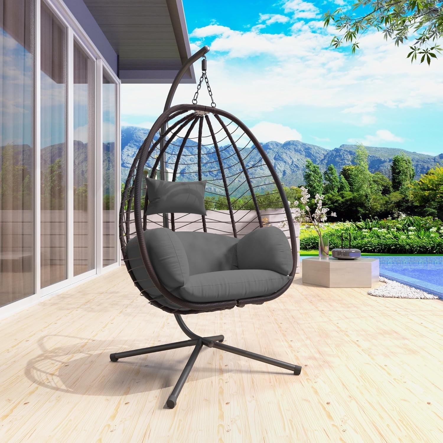 ALAULM Hanging Egg Chair with Stand, Indoor Outdoor Wicker Rattan Egg ...