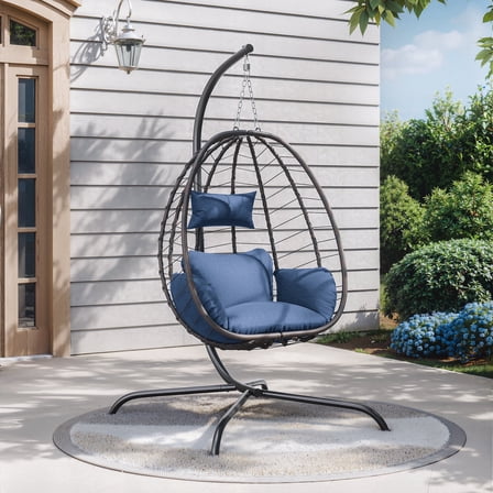 ALAULM Hanging Egg Chair with Stand, Indoor Outdoor Wicker Rattan Egg Swing Chair with Cushion Headrest, Hammock Chair 350lbs Capacity for Bedroom Patio Porch Garden Balcony(Navy)