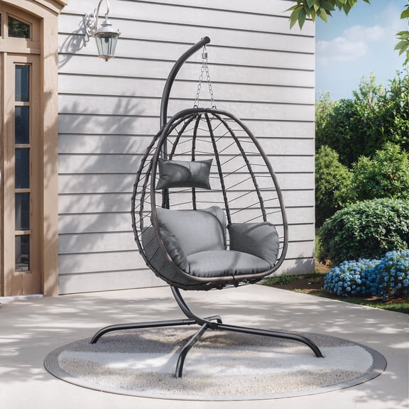 ALAULM Hanging Egg Chair with Stand, Indoor Outdoor Wicker Rattan Egg Swing Chair with Cushion Headrest, Hammock Chair 350lbs Capacity for Bedroom Patio Porch Garden Balcony(Grey)