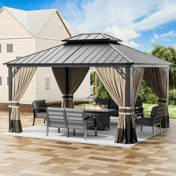 ALAULM Hardtop Gazebo 12'x14' Outdoor Aluminum Frame Permanent Gazebo, Galvanized Steel Double Roof, Sand Nettings and Curtains