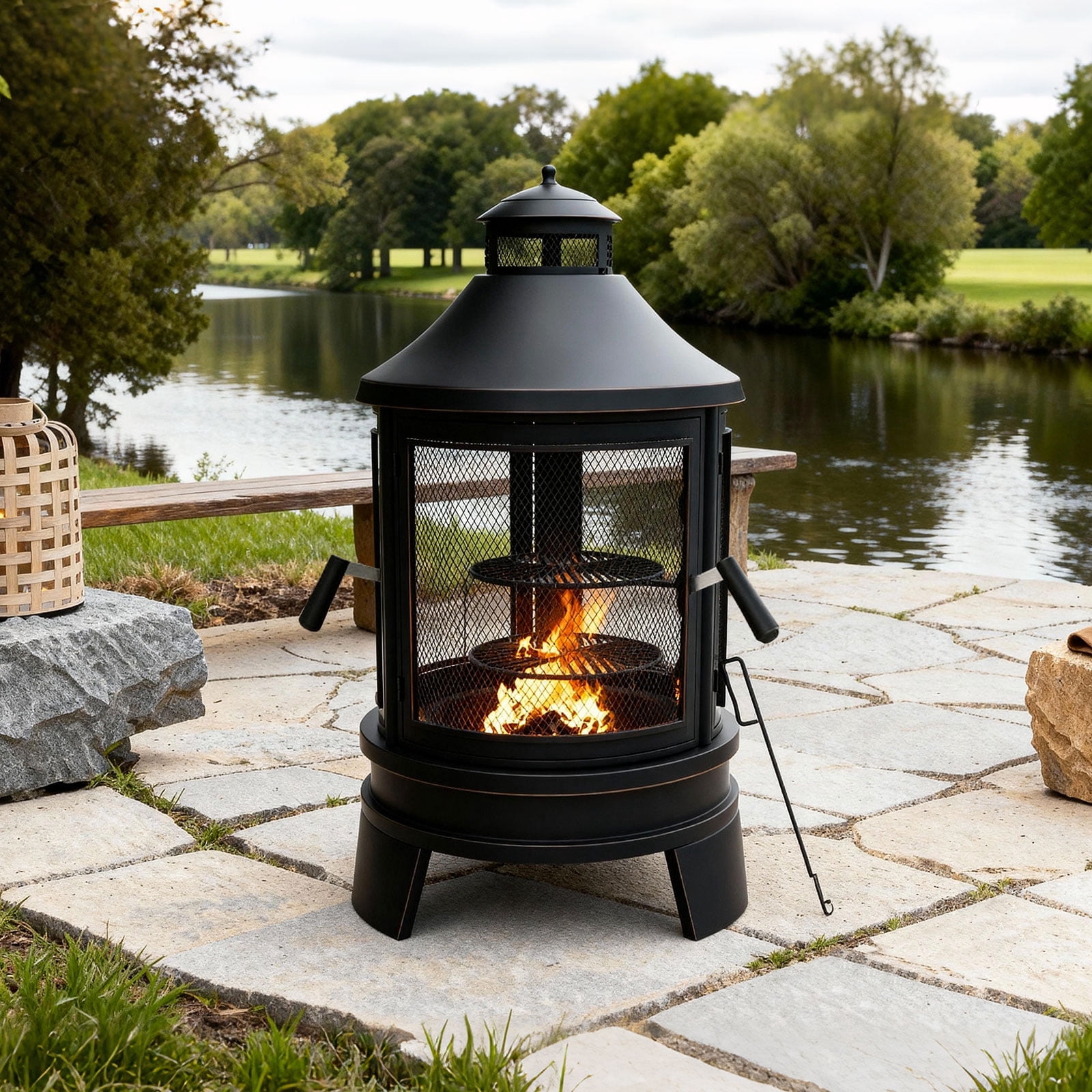 ALAULM Metal Chiminea Fire Pit with Grill, 2 in 1 Firepit with Adjustable Grill Tray & Mesh Spark Screen Door, 3-Door Multi-Access Fireplace for Patio, Garden & Backyard