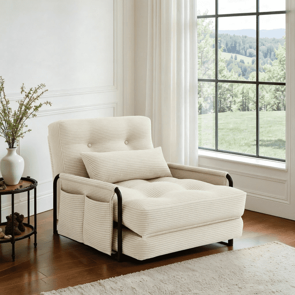 ALAULM Modern Single-Seater Folding Sofa Bed Convertible Sleeper Couch with Pillows, Storage Side, Versatile Floor Couch for Living Room Bedroom, Off-White