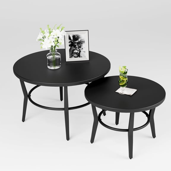 ALAULM Outdoor Black Nesting Round Coffee Table Set, 2PCS Space-Saving Solution for Patio, poolside & porch