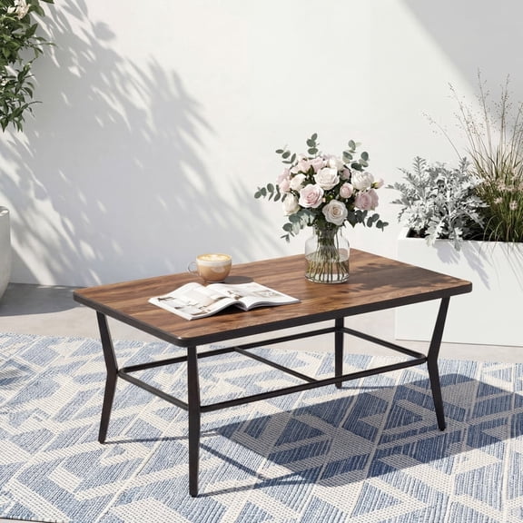ALAULM Outdoor Coffee Table, 47" Rectangle Metal Patio Coffee Table with DPC Stone-Plastic Top, All-Weather Coffee Table for Patio, Garden, Balcony, Poolside