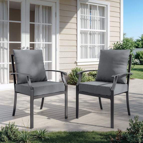 ALAULM Outdoor Stackabl Dining Chairs Set of 2 with Arms for All Weather, Heavy Duty Dark Brown Powder-Coated Metal Patio Chairs W/Grey cushion 450LBS, for Backyard Garden Lawn