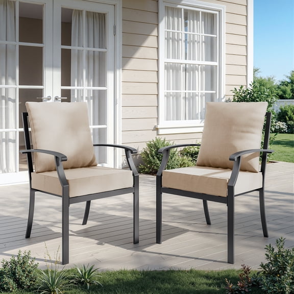 ALAULM Outdoor Dining Chairs Set of 2, Stackabl Patio Dining Chairs with Arms for All Weather, Heavy Duty Dark Brown Powder-Coated Metal Patio Chairs 450LBS, for Backyard Garden Lawn, Sand