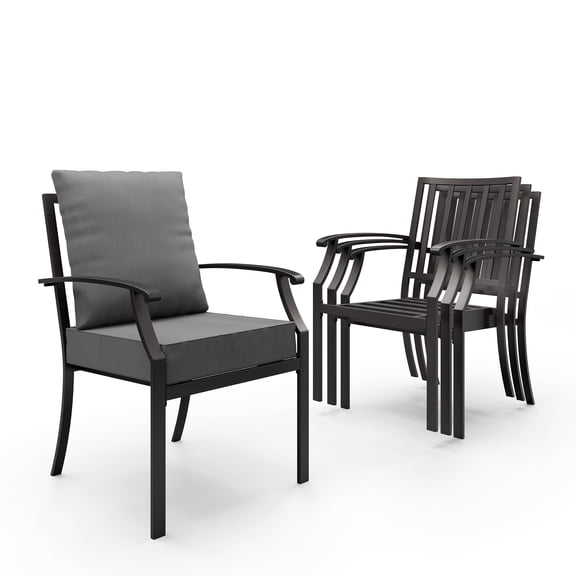 ALAULM Outdoor Dining Chairs Set of 4, Stackabl Patio Dining Chairs with Arms for All Weather, Heavy Duty Dark Brown Powder-Coated Metal Patio Chairs 450LBS, for Backyard Garden Lawn, Grey