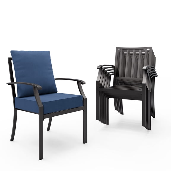 ALAULM Outdoor Dining Chairs Set of 6, Stackabl Patio Dining Chairs with Arms for All Weather, Heavy Duty Dark Brown Powder-Coated Metal Patio Chairs 450LBS, for Backyard Garden Lawn, Navy