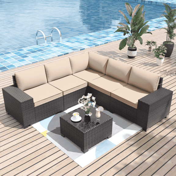 ALAULM 6 Pieces Patio Conversation Set, Outdoor Sectional PE Rattan Wicker Furniture Seat,Sand