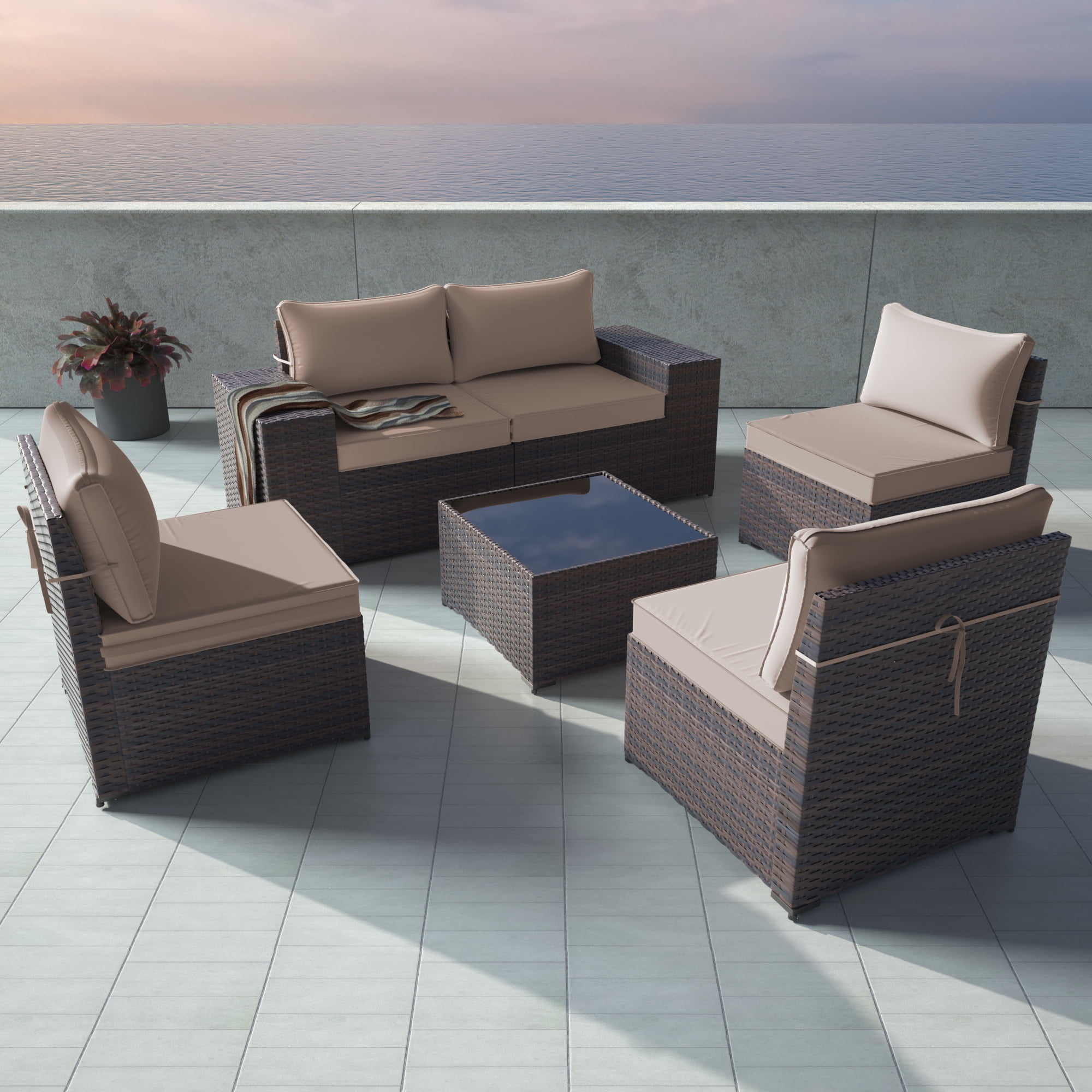 FDW 4 Pieces Outdoor Patio Furniture Sets Rattan Chair Wicker,Brown 