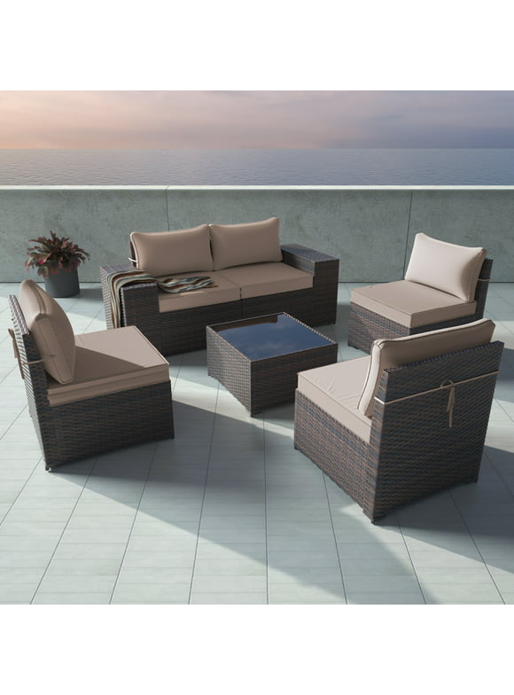 ALAULM Outdoor Furniture Sets 6 Piece Patio Sectional Furniture W/Table & 5 Black Thickened Cushions, Sand