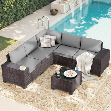 ALAULM 6 Pieces Patio Conversation Set, Outdoor Sectional PE Rattan Wicker Furniture Seat,Gray