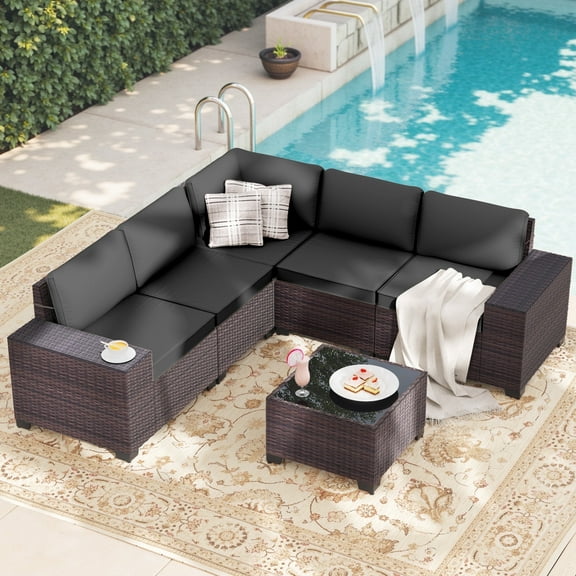 ALAULM 6 Pieces Patio Conversation Set, Outdoor Sectional PE Rattan Wicker Furniture Seat,Black