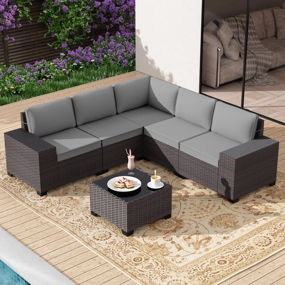 ALAULM 6 Pieces Patio Conversation Set, Outdoor Sectional PE Rattan Wicker Furniture Seat,Gray