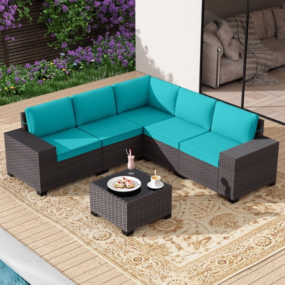 ALAULM 6 Pieces Patio Conversation Set, Outdoor Sectional PE Rattan Wicker Furniture Seat,Blue