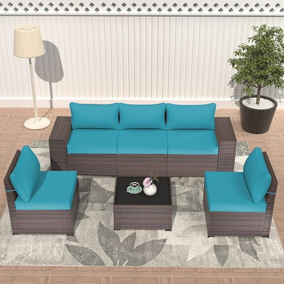 ALAULM Outdoor Patio Furniture Set, 6 Pieces Outdoor Sectional Furniture High Backrest Patio Sofa, All-Weather PE Rattan Patio Conversation Set with Coffee Table & Cushions