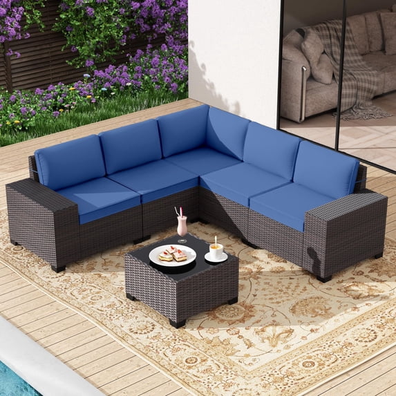 ALAULM 6-Piece Outdoor Patio Conversation Set, Sectional PE Rattan Wicker Furniture, Navy Blue