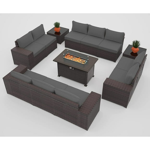 ALAULM Outdoor Patio Furniture Set with Gas Fire Pit Table, 13 Pieces Outdoor Furniture Set Patio Sectional Sofa w/43in Propane Fire Pit, PE Wicker Rattan Patio Conversation Sets - Gery