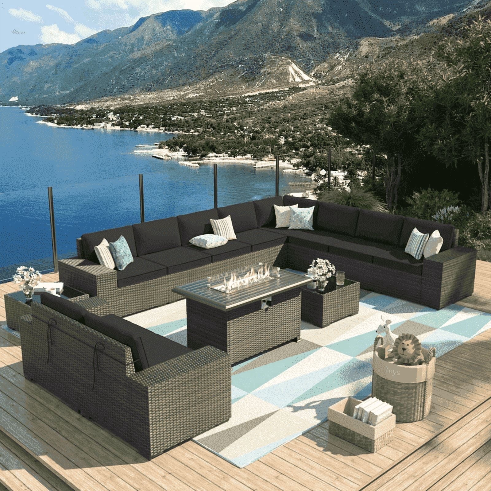 ALAULM Patio Conversation Set, 13 Piece Weave Rattan Outdoor Conversation Sets with Gas Fire Pit Table, Black