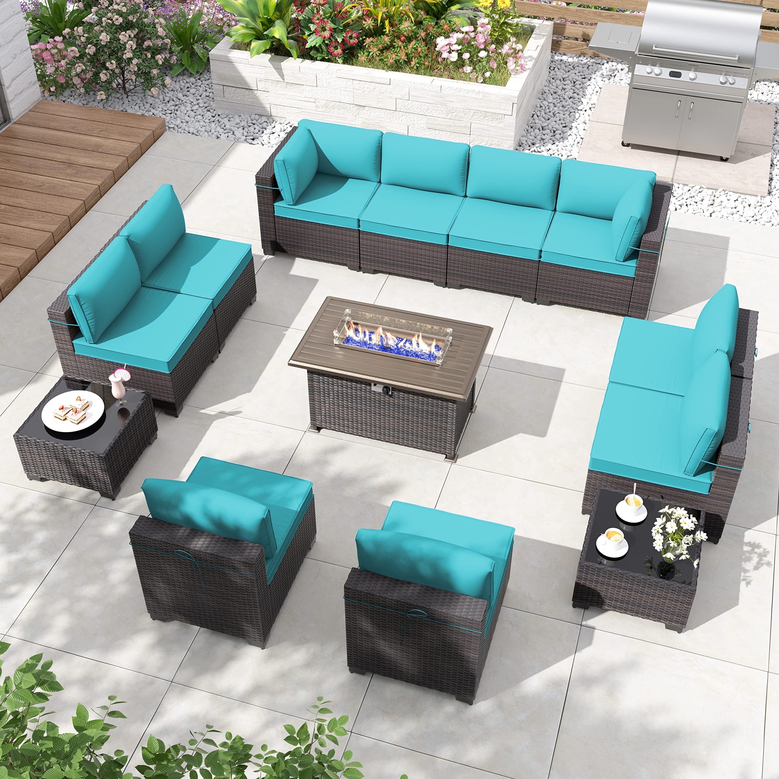 ALAULM 13 Piece Patio Furniture Set,Wicker Rattan Outdoor Sectional Sofa Set with Gas Fire Pit Table & Coffee Table,Blue