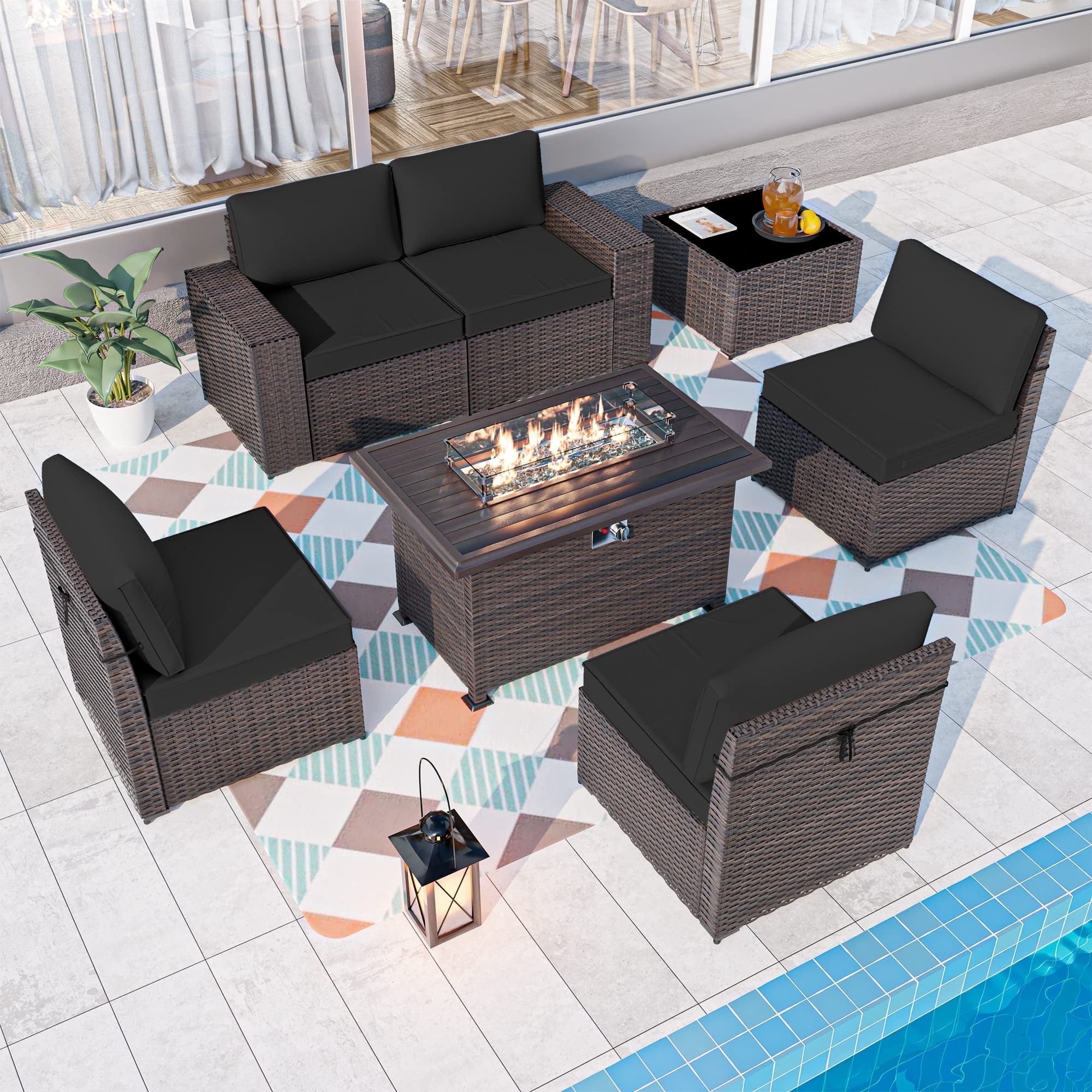 ALAULM 7-Piece Patio Conversation Set with Propane Fire Pit Table, Black