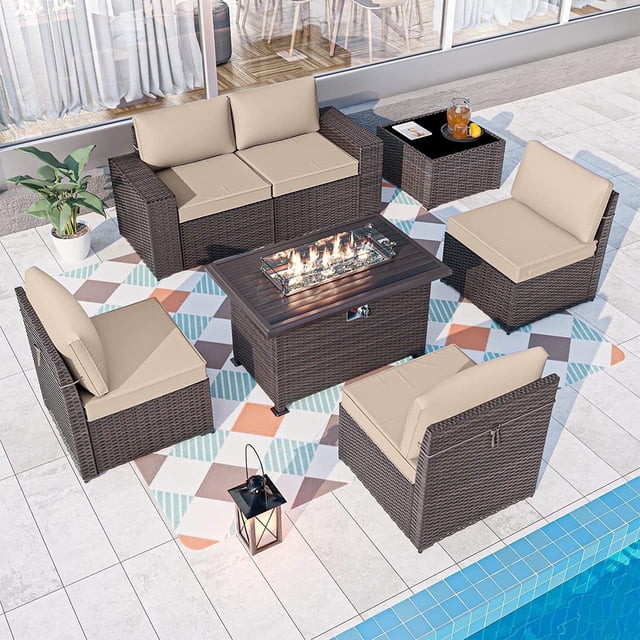 ALAULM Patio Conversation Set, 7-Piece Outdoor Furniture with Propane Fire Pit Table, Sand