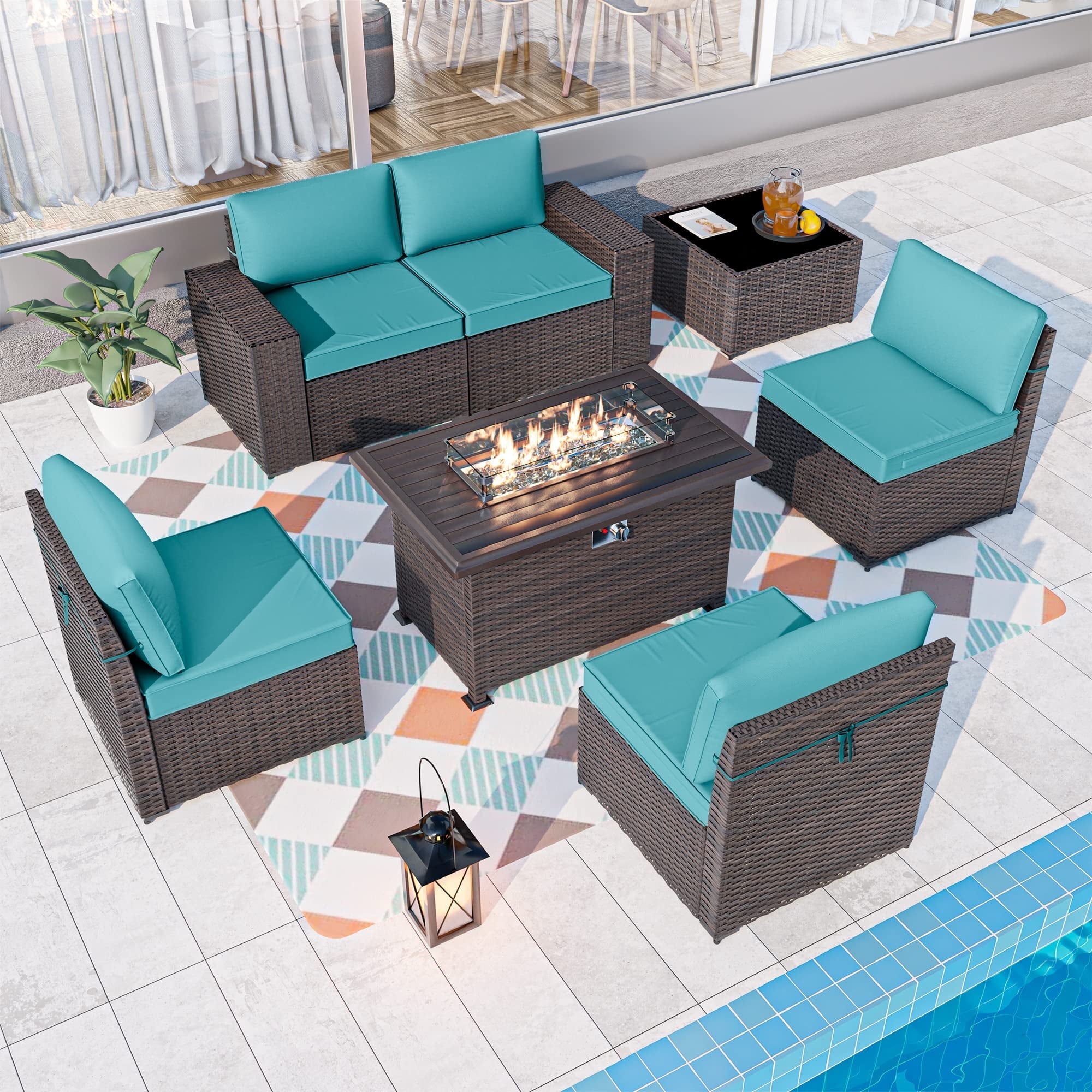 ALAULM 7-Piece Patio Conversation Set with Propane Fire Pit Table, Blue ...