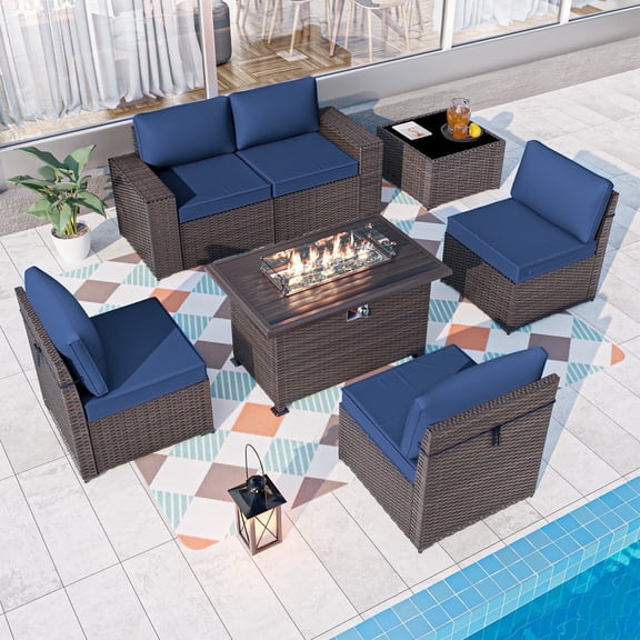 ALAULM 7-Piece Patio Conversation Set with Propane Fire Pit Table, Navy Blue