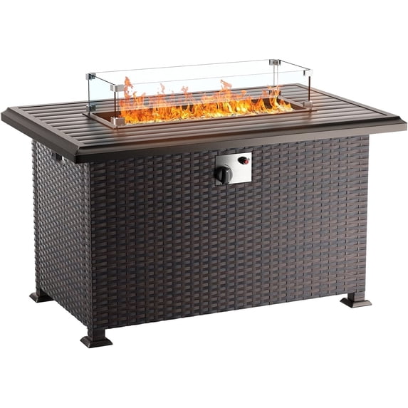 ALAULM Outdoor Propane Gas Fire Pit Table 43in,55,000 BTU,Auto-Ignition,Adjustable Flame,Windshield,Brown PE Rattan & CSA Certification