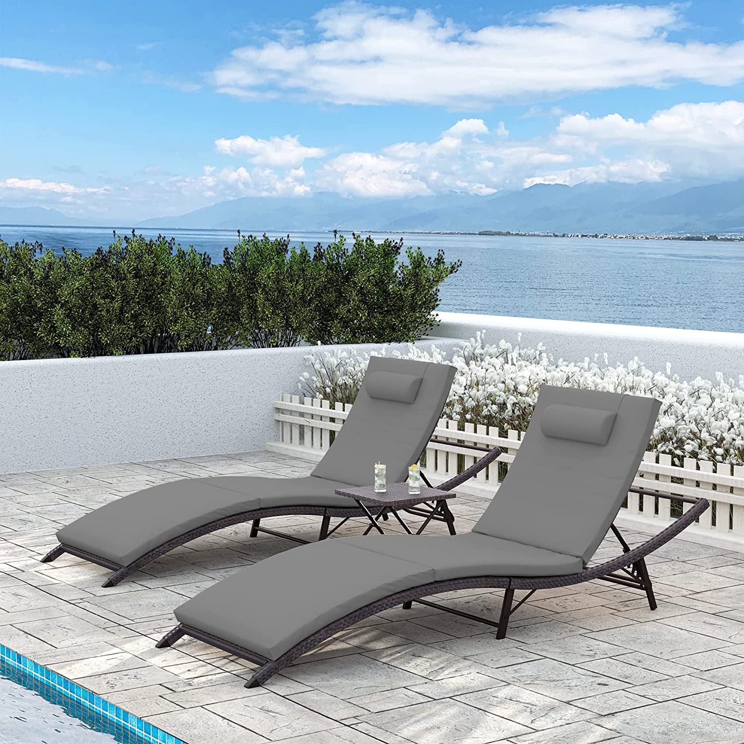 ALAULM Outdoor Rattan Chaise Lounge Set Adjustable Back, Folding, 3 Pieces with Table, Gray