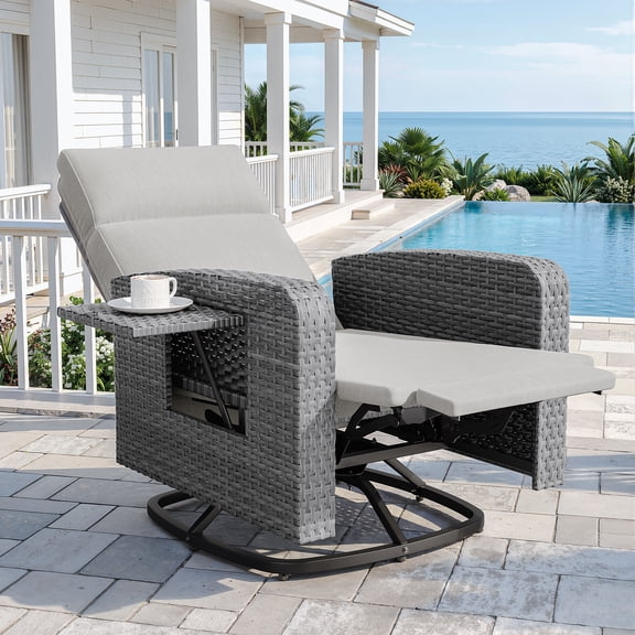 ALAULM Outdoor Swivel Recliner Chair, Dual‑Adjust Wicker Patio Chair with Adjustable Backrest, Footrest & Flip‑Up Table for Pool, Balcony, Patio, Courtyard, Gray PE Wicker