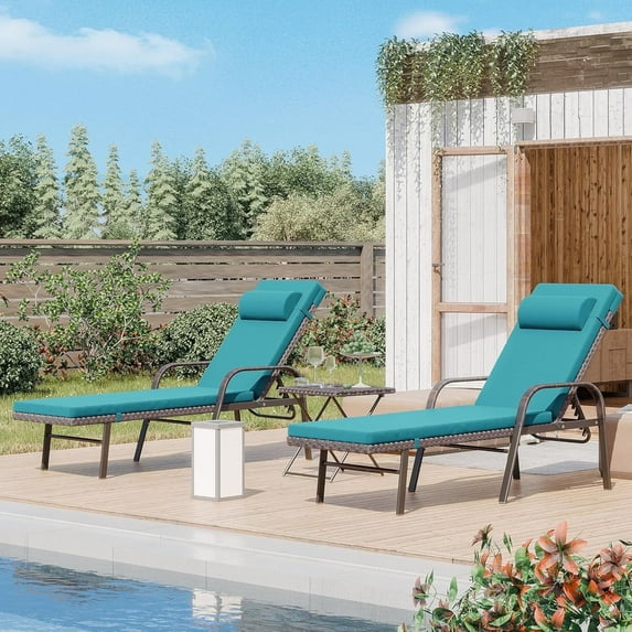 ALAULM Patio Chaise Lounge Sets Outdoor Armchair Recliner Rattan Adjustable Back 3 Pieces Cushioned Patio Folding Chaise Lounge with Folding Table