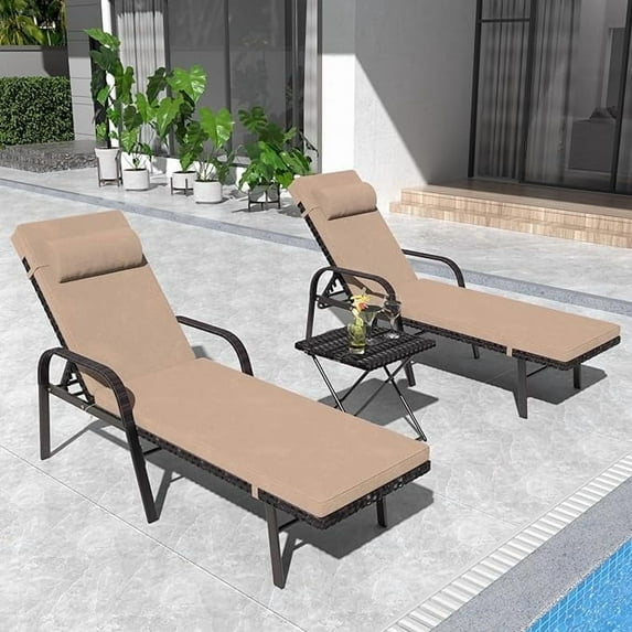 ALAULM Patio Chaise Lounge Sets Outdoor Armchair Recliner Rattan Adjustable Back 3 Pieces Cushioned Patio Folding Chaise Lounge with Folding Table